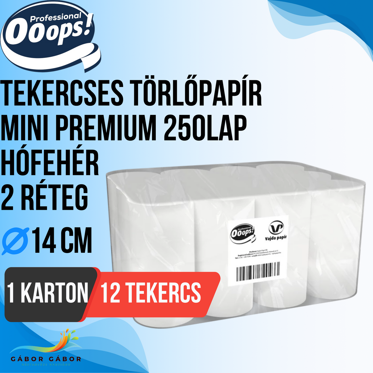 TEKERCSES TÖRLŐPAPÍR MINI PREMIUM 250LAP14CM HÓFEHÉR 2 RÉTEG KARTON(12TEK.)