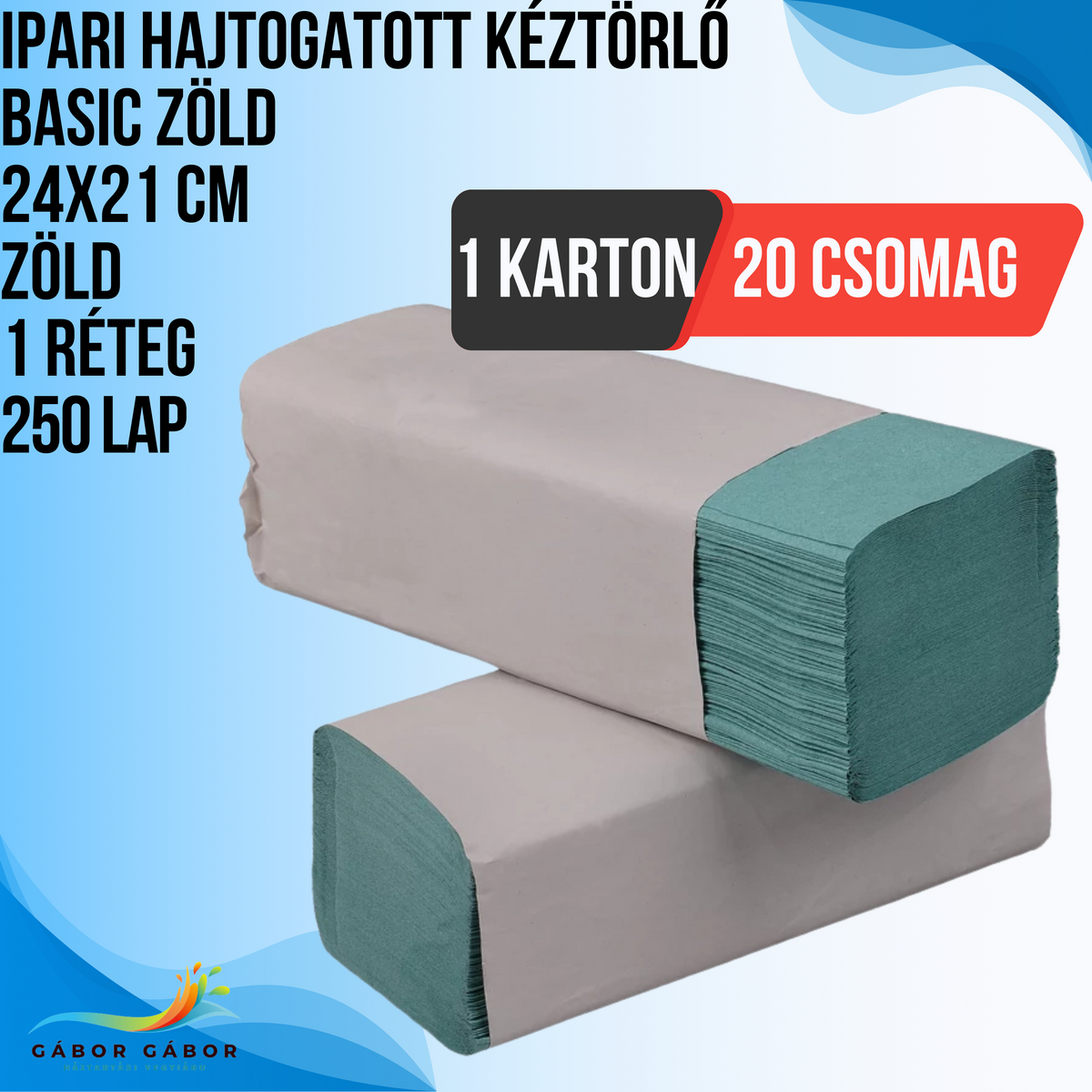 HAJTOGATOTT KÉZTÖRLŐ BASIC ZÖLD 24x21CM 1 RÉTEG 250LAP (20CSOM.) KARTON